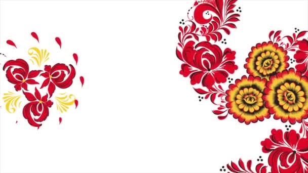 Khokhloma. Abstract fractal transformation background. Loopable. Painting Khokhloma Russia of bright red flowers and berries on white background. Abstract background of red polygons — Stock Video