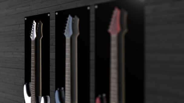Анимация многих 3D электрогитар, висящих на стене. Ряд гитар на дисплее для продажи висит в музыкальном магазине — стоковое видео