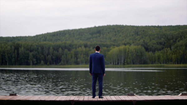 Rear view of businessman looking at picturesque nature landscape. Clip. Rear view of businessman on the lake
