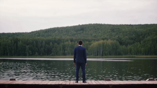 Bakifrån av affärsmannen tittar på pittoreska natur landskap. Klipp. Bakifrån av affärsman på sjön — Stockfoto