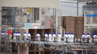 Bir konveyör bandı fabrikasında plastik şişe ve şişe üretimi. Klip. Konveyör üzerinde plastik şişe. Fabrikada konveyör bandı üzerinde birçok şişe