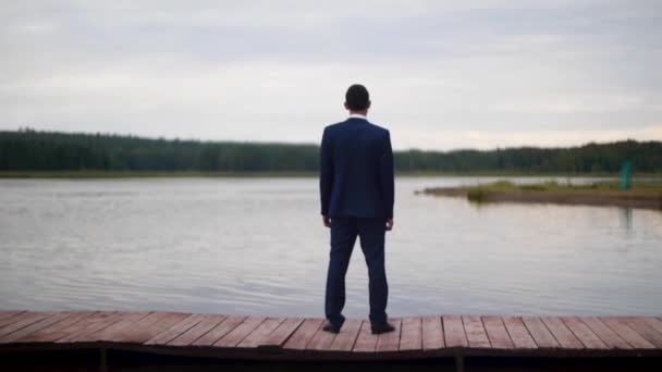 Businessman looking at the lake. Clip. Rear view of businessman looking at picturesque nature landscape. Businessman stand on berth — Stock Video