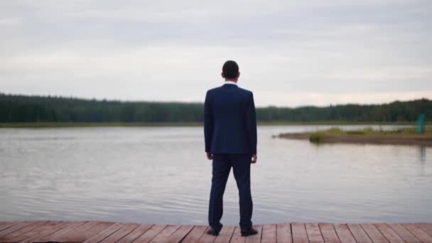 Businessman looking at the lake. Clip. Rear view of businessman looking at picturesque nature landscape. Businessman stand on berth — Stock Video