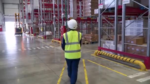 Female warehouse worker with helmet and safety vest. Clip. Young female in protective uniform, helmet and eyeglasses holding walkie-talkie while working at plant — Stock Video