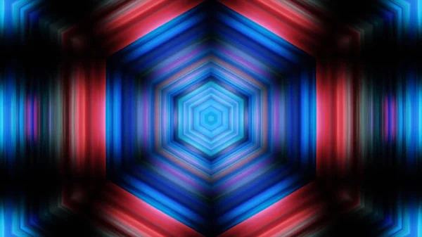 Kaleidoskopy pozadí s animovanou zářící neon barevné linie a geometrické tvary. Psychedelické klip ukazuje vznik barevné bílé, červené a modré tvary a čáry — Stock fotografie