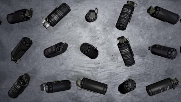 Grenades on a gray background levitation of standard timed fuze hand grenades. Tear-gas hand grenades rotation on grey background — Stock Video