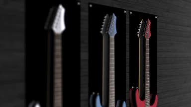 Üç elektrik gitar bir duvarda asılı. Animasyon üç gitar duvarda asılı