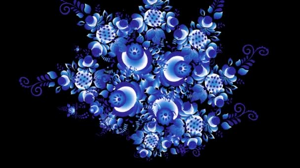 Animation of Russian Khokhloma. Khokhloma Russia of bright blue flowers on black background — Stock Video