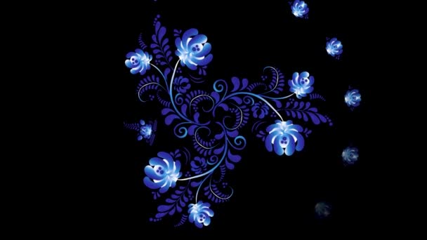 Animation des russischen Chochlomas. khokhloma russland leuchtend blaue Blumen auf schwarzem Hintergrund — Stockvideo