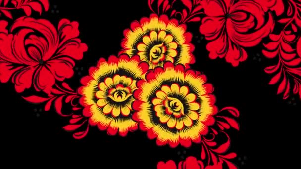 Vajilla pintura Khokhloma Rusia de flores de color rojo brillante y bayas sobre fondo negro. Khokhloma rojo sobre un fondo negro — Vídeo de stock