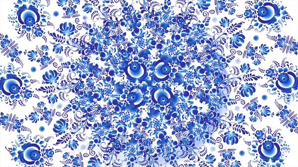 Khokhloma 흰색 바탕에 파란색입니다. Khokhloma 흰색 바탕에 파란색의 애니메이션입니다. 러시아 Khokhloma의 레트로 스타일 — 스톡 사진