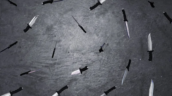 Coltelli grandi lama da vicino isolato su sfondo grigio. Animazione dei coltelli volanti. Il concetto di un gran numero di armi — Foto Stock