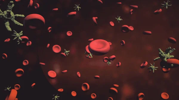 Virus inside organism. Microscopic Virus cell living among healthy cells. High Definition. 3d animation of red blood cells flowing through artery