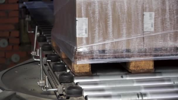 Conveyer roller systeem in distributie magazijn sorteren. Clip. Moderne roller transportband. Apparatuur voor het vervoer van goederen — Stockvideo