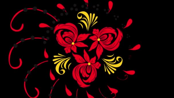 Crockery painting Khokhloma Russia of bright red flowers and berries on black background. Red Khokhloma on a black background — Stock Video