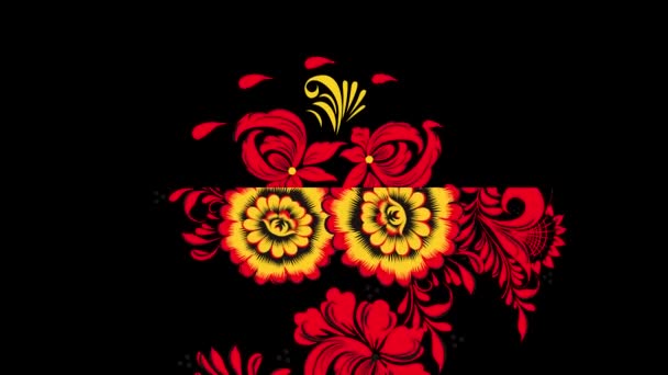 Louça pintura Khokhloma Rússia de flores vermelhas brilhantes e bagas no fundo preto. Khokhloma vermelho em um fundo preto — Vídeo de Stock