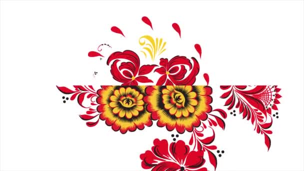 Pintura Khokhloma Rússia de flores vermelhas brilhantes e bagas no fundo branco. Fundo de transformação fractal abstrato. Khokhloma vermelho em um fundo branco — Vídeo de Stock