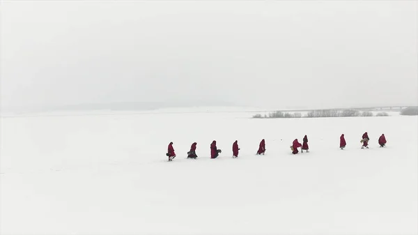 En grupp av personer som reser på taiga eller snötäckta skogen följer varandra. Footage. Grupp av vissa människor på vintern vandring i bergen, backpackers gå på snöiga skogen — Stockfoto