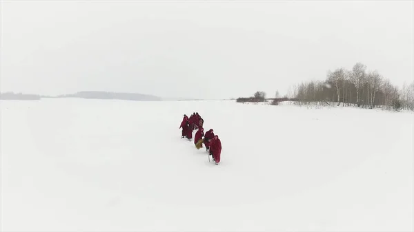 Monges meditantes na floresta no inverno. Filmagem. As pessoas encapuzadas seguem-se umas às outras em Snowy Woods como monges que procuram a iluminação — Fotografia de Stock