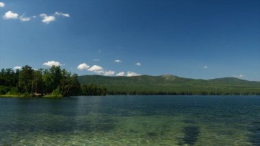 Yaz doğa dağ orman göl manzara. ağaçlar yeşil doğal göl yanındaki çiçek açan güzel yeşil doğa