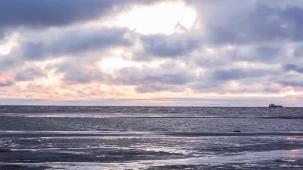 Parc de navires-citernes en mer, pétrolier brut et chargeur de GPL au coucher du soleil. Vidéo. Vue sur la mer avec pétroliers flottants. Temps écoulé — Video