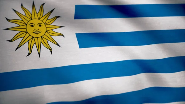 Bandera de Uruguay en una cortina de seda ondeando. Bandera de Uruguay Fondo —  Fotos de Stock