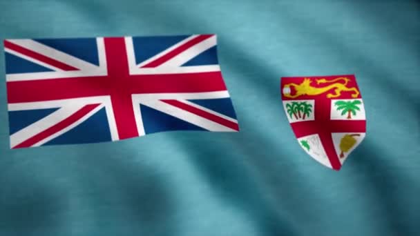 Fiji Flag in Slow Motion Classic Flag Liscio soffia nel vento in un giorno ventoso sole che sorge. Animazione sventolando bandiera figiana — Video Stock