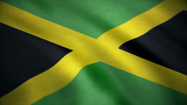 ジャマイカの旗。ループ モードでは、ジャマイカの美しい 3 d アニメーション。ストライプ クロスのジャマイカの旗を振ってのクローズ アップ。ジャマイカの国旗がはためくのビューをトリミングのクローズ アップ — ストック動画