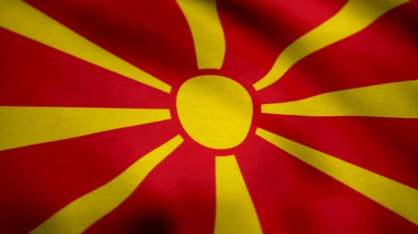 马其顿在织物波浪面上的真实旗帜。马其顿共和国的旗子背景 — 图库照片