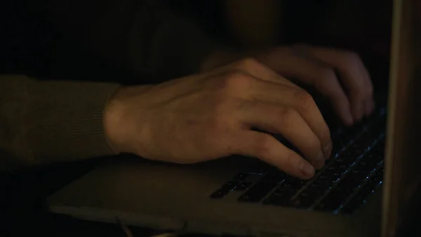 텍스트를 입력 또는 늦은 저녁에 자연 주변 광원의 컴퓨터에서 코드를 프로그래밍 하는 남성 손의 닫습니다. 주식 — 스톡 사진