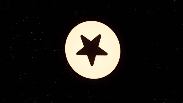 Icona astratta della stella a cinque punte in un cerchio che ruota e diventa polvere spaziale su sfondo nero. Animazione. Logo Star filatura e deviazione in piccole particelle . — Foto Stock