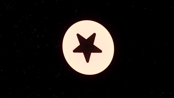 Icono abstracto de la estrella de cinco puntas en un círculo girando y convirtiéndose en polvo espacial sobre fondo negro. Animación. Logo estrella girando y dividiéndose en pequeñas partículas . — Vídeo de stock