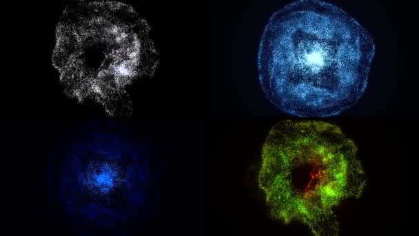 Lenyűgöző négy apró részecskéből álló felhő és a közepén lévő fehér fény szétterjedt a képernyőn. Animáció. Csillag robbanás az űrben fekete háttér. — Stock videók