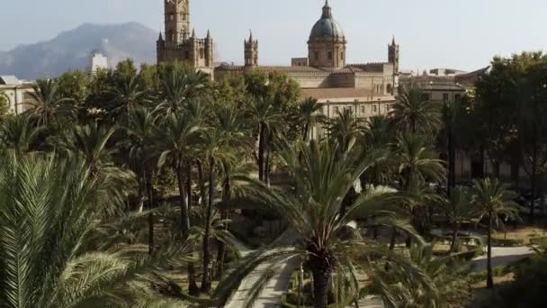 Vista aérea de la antigua ciudad europea con hermosos edificios históricos y palmeras, concepto de arquitectura. Acción. Vista superior de la ciudad de verano con casas y árboles verdes . — Vídeo de stock