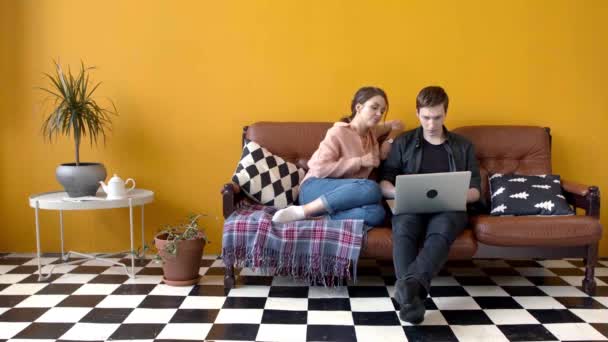 Hermosa pareja joven sentados juntos en el ordenador portátil en el sofá. Imágenes de archivo. Un par de estudiantes juntos viendo algo divertido en el portátil sentado en el sofá en la elegante sala de estar — Vídeo de stock