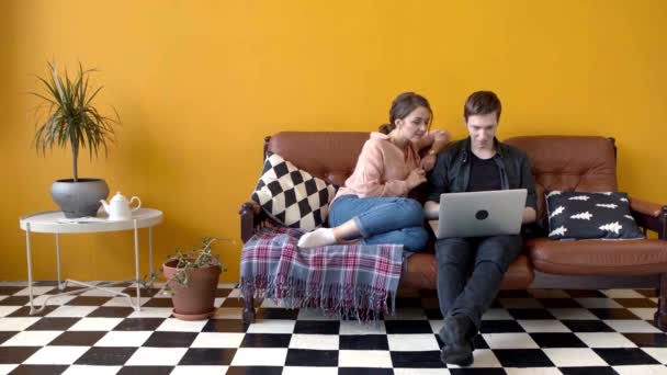 Gyönyörű fiatal pár ül együtt a laptopnál a kanapén. Készletfelvétel. Pár diák együtt néz valami vicceset a laptopon ülve a kanapén egy stílusos nappaliban. — Stock videók