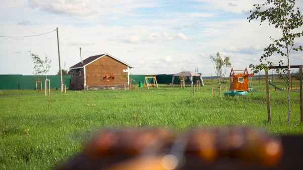 Zblízka rozmazané grilované oběd venku se zeleným medow a dřevěný dům na pozadí. Umění. Lahodný piknik v letním slunném dni. — Stock fotografie