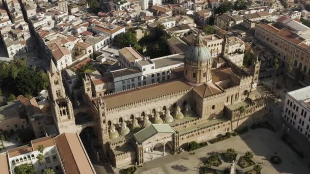 Aerial view of the Old European city with amazing historic building under the hot summer sun. Action. Top view over the beautiful houses and streets. — ストック動画