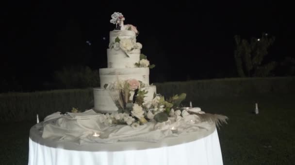 Szoros esküvői torta tetején részletes cukormázzal. Felvétel. Esküvői torta a szabadban — Stock videók