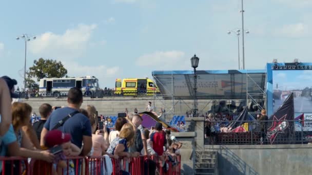 Yekaterinburg, Russia-August, 2019: Motorcyclist performs stunts at summer sports festival. Action. Special platform at moto festival with professional motorcyclists freestylers — Stock Video