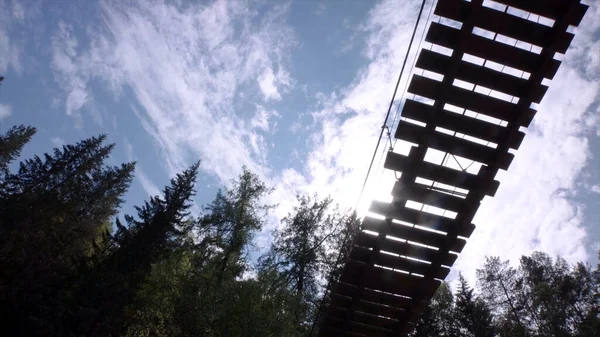 Botten syn på människan på hängbro. Lagerbilder. Man går på trä hängbro på bakgrund av gran toppar och blå himmel med sol — Stockfoto