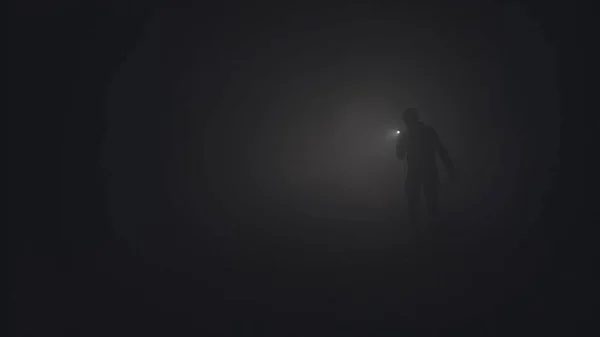 Sylwetka człowieka w gęstej mgle. Materiał filmowy. Czarna sylwetka człowieka z latarką świecącą w gęstym szarym dymie. Człowiek z latarką przechodzi przez ciemność w dymie. — Zdjęcie stockowe