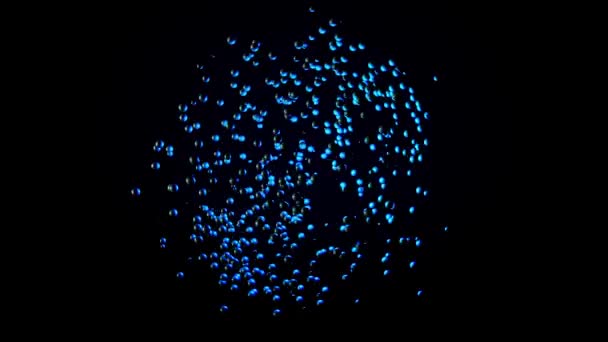 Abstrakte blaue Atom-Wolke, die auf schwarzem Hintergrund schwankt, nahtlose Schleife. Animation. bunte kleine Teilchen sammeln sich in Form eines Kreises, Wissenschaftskonzept. — Stockvideo