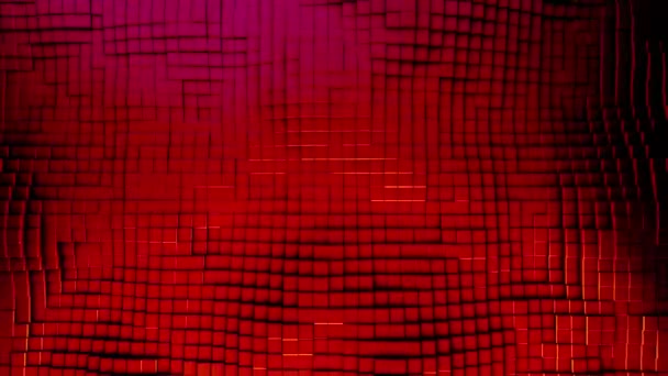 Bovenaanzicht van geometrische gradiënt rood, roze en gele achtergrond van kleine blokjes in beweging, naadloze lus. Animatie. 3D kleurrijke kubussen vormen golven. — Stockvideo