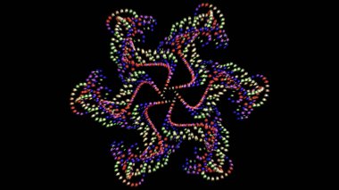 Siyah arkaplanda izole edilmiş çok renkli desenlerin soyut animasyonu. Animasyon. Soyut renkli yuvarlak parçacıkları olan hipnotik kaleydoskop, kusursuz döngü.
