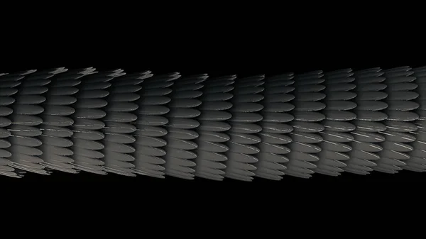 Horisonatal 3d σωλήνα που σχηματίζεται από ασημένια φτερά λαμπερό και ρέει σε μαύρο φόντο, αδιάλειπτη βρόχο. Κινούμενα σχέδια. Αφηρημένη μεγάλη φιγούρα με ωοειδή φτερά. — Φωτογραφία Αρχείου