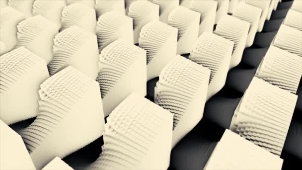 Abstract 3d geometric shapes in rows becoming black and white checkered flat surface. Animation. Many small convex cubes forming many large figures of same size, monochrome.