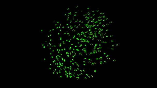 Abstraktní zelený atom mrak kolébající se na černém pozadí, bezešvé smyčky. Animace. Barevné malé částice se shromažďují ve tvaru kruhu, vědecké koncepce. — Stock video