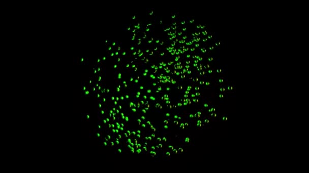 Nuvem de átomo verde abstrato balançando sobre fundo preto, loop sem costura. Animação. Pequenas partículas coloridas se reúnem em forma de círculo, conceito de ciência . — Vídeo de Stock