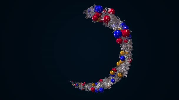 Abstract rotating circle becoming a New Year wreath on black background, winter holidays concept. Animation. Beautiful garland with Christmas toys and snow flakes. — Stock Video